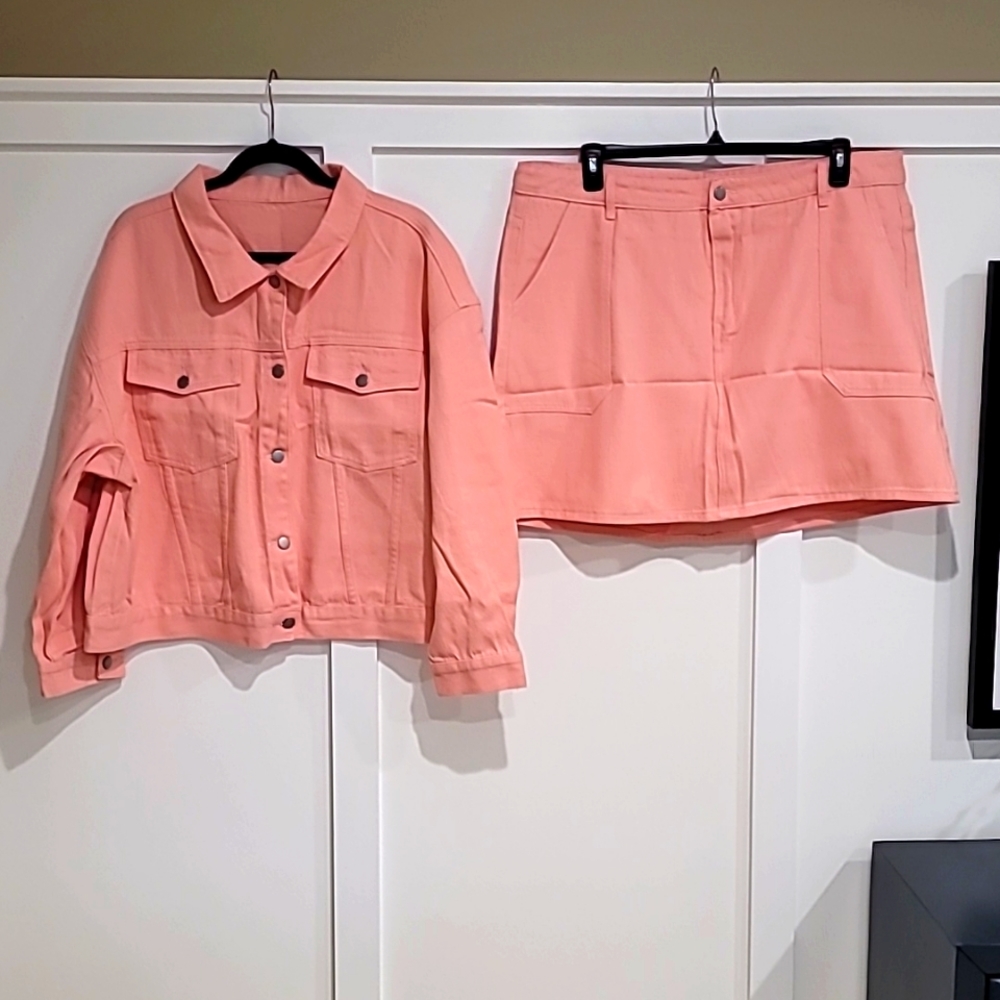 Shein 4X, Pink Denim Jacket and Skirt Set
